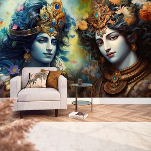 Radha Krishna wallpaper Removable Indian Gods Wall Mural Hindu God Print Peel & Stick Indian Culture Contemporary décor Lord Krishna artwork