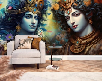 Radha Krishna wallpaper Removable Indian Gods Wall Mural Hindu God Print Peel & Stick Indian Culture Contemporary décor Lord Krishna artwork