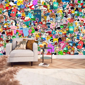 Cartoon characters wallpaper Colorful Wall Mural Pop art print Nursery Removable Comics Aesthetic Peel and Stick Kids Self Adhesive room