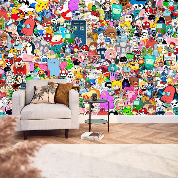 Cartoon characters wallpaper Colorful Wall Mural Pop art print Nursery Removable Comics Aesthetic Peel and Stick Kids Self Adhesive room
