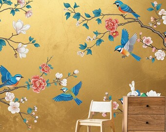 Oriental Floral Wallpaper Mural Golden Background with Birds and Blooming Branches Classic Asian Inspired Wall Art