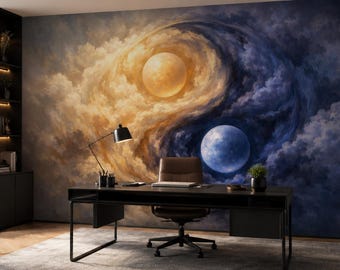 Yin Yang Wallpaper Peel and Stick, Celestial Mural, Cosmic Balance Wall Art, Spiritual Wallpaper, Sun Moon Print, Meditation Room Wallpaper
