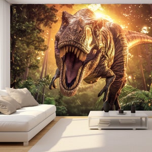 Jurassic World Tapete Dino Wandbild T-Rex Peel & Stick Aufkleber Selbstklebende Tier entfernbare Jungen-Mädchen Spielzimmer-Dekor-grüner Dschungel-Druck