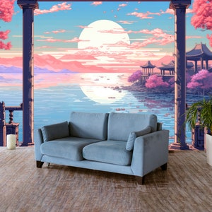 Japanese Pagoda Wallpaper Asian Scenery Wall Mural Sunset Print for Bedroom Removable Peel and Stick Room Décor Japan Landscape Wall Art