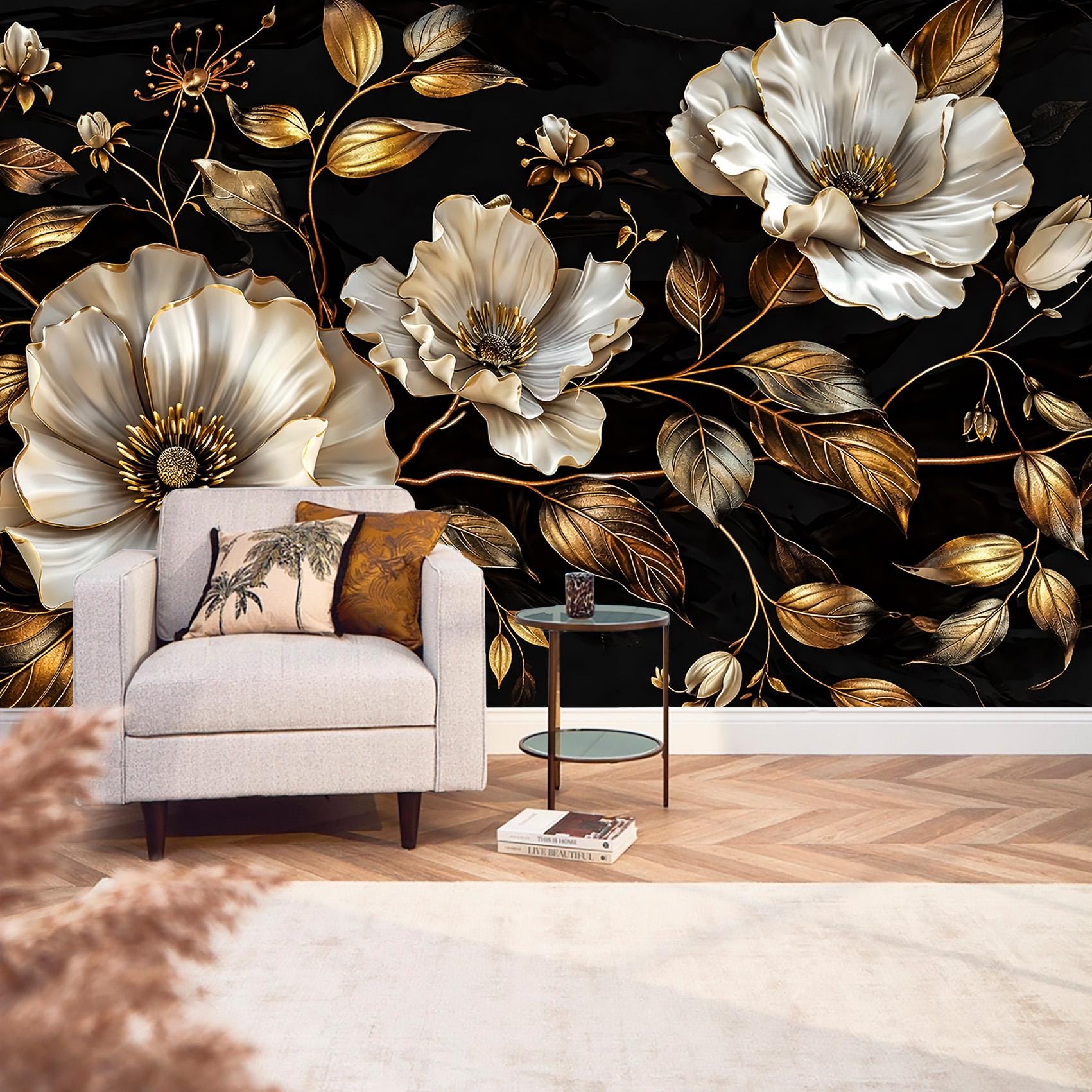 Peel and Stick Floral Wallpaper Black Gold Wall Mural Removable ...