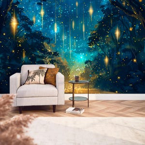 Carta da parati con stelle cadenti, foresta magica, decalcomania fantasy, paesaggio notturno fantastico, stampa autoadesiva rimovibile per arredamento d'arte della camera da letto