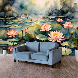 Nénuphars sur l'étang Papier peint floral Décoration murale florale amovible nénuphar, plantes, impression d'art