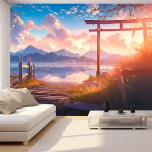 Papier peint mural Torii Gate de style anime, décalcomanie murale japon amovible, impression autocollant pour salon, chambre, art mural, décoration de paysage