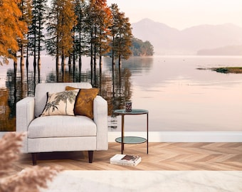 Lake Mountain Landscape Wallpaper Peel & Stick Non Woven Print Stunning Wall Mural Art Nature Wallpaper Trees Wall Mural Scenery Wallpaper
