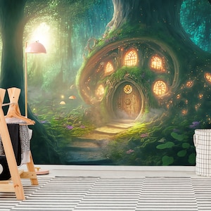 Décoration murale maison dans les arbres, papier peint fantastique, sticker forêt, impression amovible auto-adhésive, pour chambre d'enfant, décoration de chambre d'enfant, art mural féerique