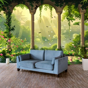 Terrasse mit Säulen Tapete Botanischer Garten Entfernbare Blumen Wandbild Blumen Wandtattoo Selbstklebender Druck für Schlafzimmer Kinderzimmer Dekor