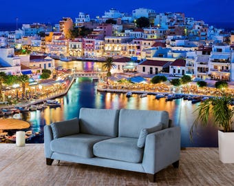Mediterranean Coastal Town Wallpaper Peel & Stick, Greek Harbor Night Wall Mural, Seaside Village Wall Art, Non-Woven Wallpaper Travel Mural