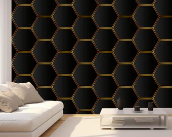 Black Gold Hexagon Wallpaper Peel and Stick, Geometric Wall Mural, Modern Luxury Honeycomb Print, Minimalist Wall Decor, Non Woven Wallpaper