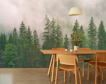Foggy Forest Peel & Stick Wallpaper Removable Wall Mural Nature Landscape Wallpaper Self Adhesive Bedroom Wall art Green trees Wallpaper