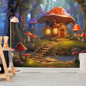 Carta da parati fantasy con foresta di funghi Carta da parati per bambini Stampa magica per la cameretta dei bambini Rimovibile autoadesiva Decorazione della parete della sala giochi Decorazione della camera da letto dei cartoni animati