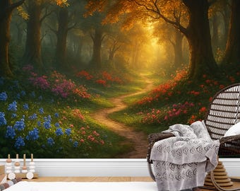 Magical Forest Wallpaper Mural, Peel and Stick Nature Path Wall Art, Fantasy Woodland Decor, Floral Landscape, Non Woven Wallpaper