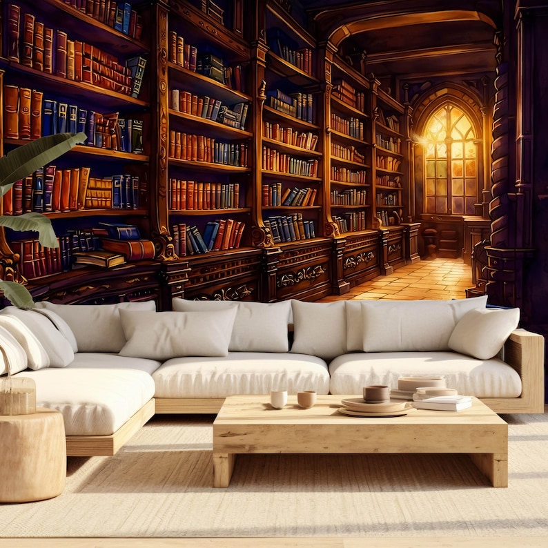 Vintage Library Wallpaper Mural, Classic Bookshelf Wall Design, Cozy ...