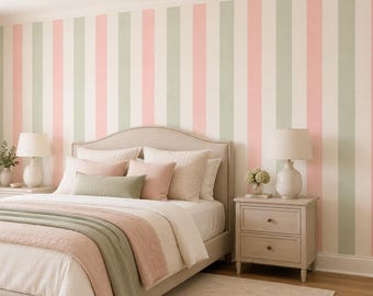 Pastel Stripe Wallpaper Peel and Stick Pink Sage Green Striped Wall Mural Minimalist Nursery Modern Soft Neutral Non Woven Wallpaper Gift