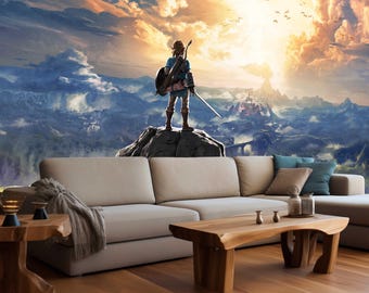 May include: A large wall mural depicting a fantasy landscape with a figure standing on a rock, holding a sword and shield. The scene includes mountains, clouds, and a bright sky. A beige sectional sofa and wooden coffee table are in the foreground.