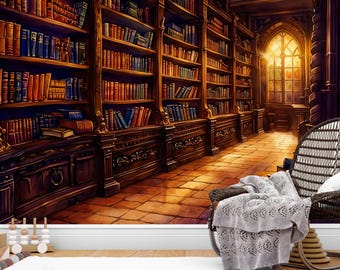 May include: A digital art print of a library interior. The image features dark wooden bookshelves filled with books, a window with sunlight, and a wicker chair with a blanket. The color palette is warm, with browns and golds.