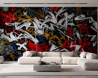 Graffiti Wallpaper Peel and Stick, Urban Street Art Wall Mural, Hip Hop Wall Decor, Abstract Graffiti Wall Art, Teen Room Wallpaper Gift