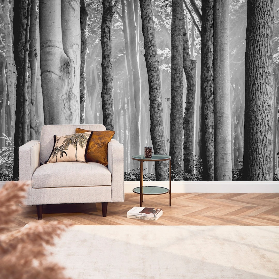 Black White Forest Wallpaper Peel & Stick Landscape Mural Nature ...