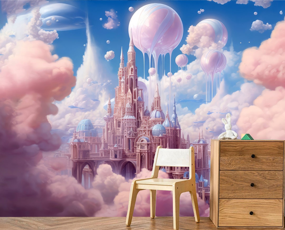 Fairytale Castle in Pink Clouds Wallpaper Princess Removable Mural for ...