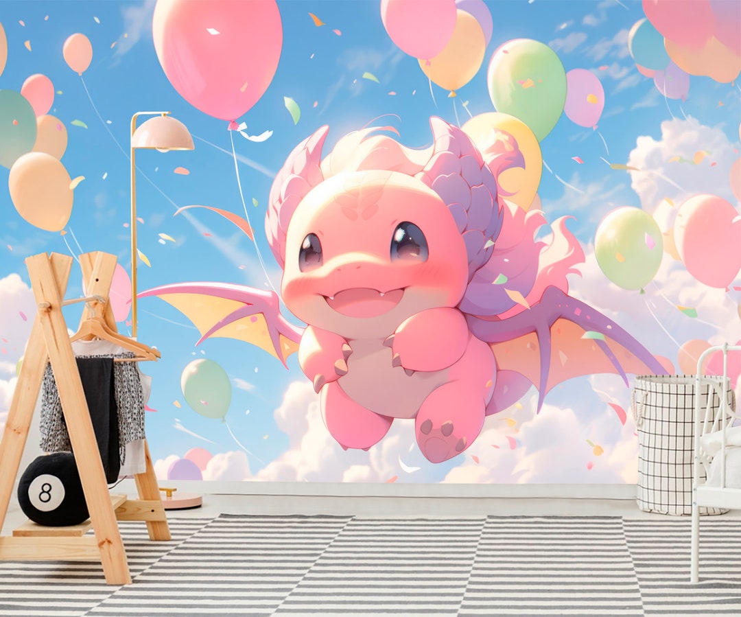 Pink Baby Dragon Wallpaper Kids Wall Mural Colorful Balloon Decal ...