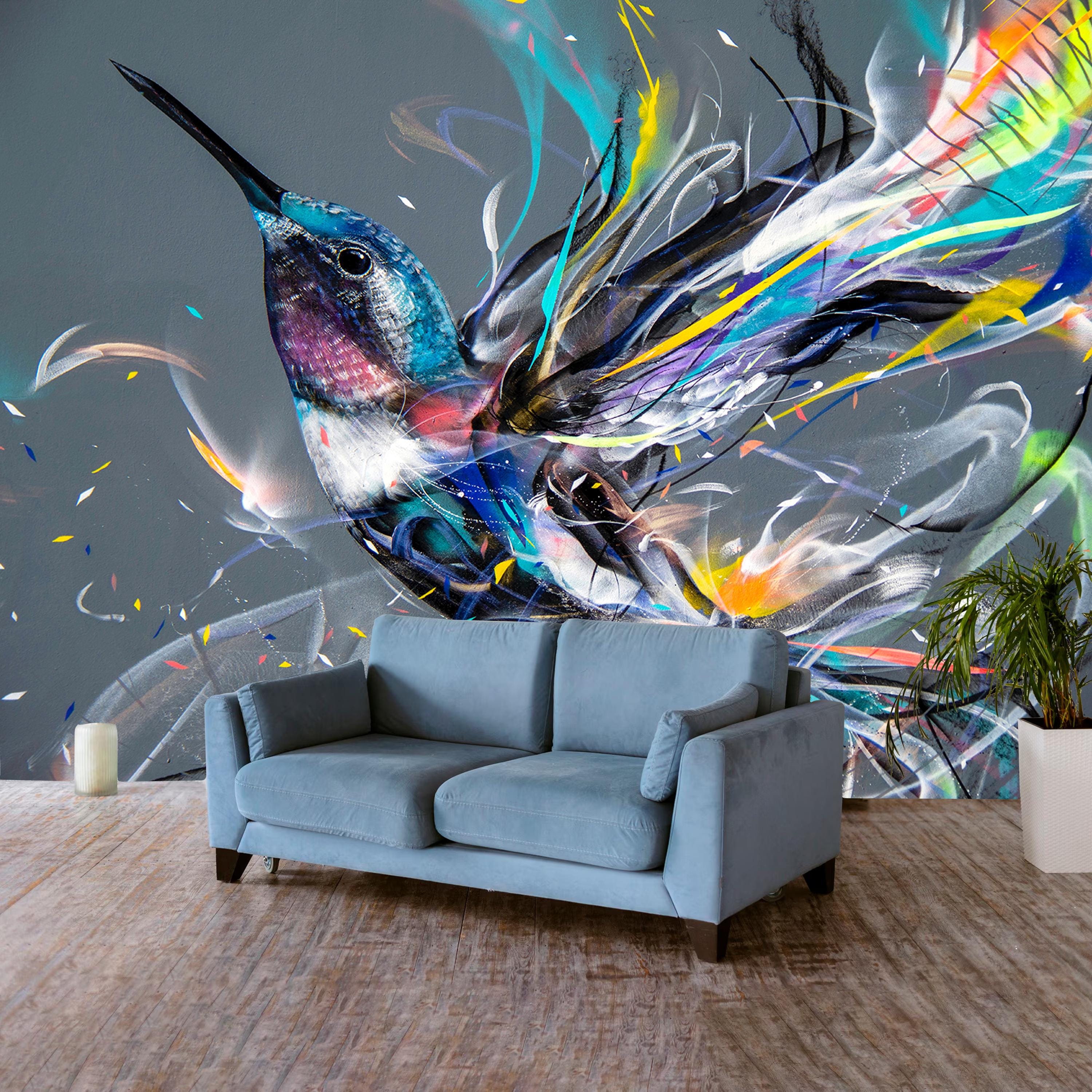 Colorful Hummingbird Wall Mural – Abstract Graffiti Bird Wallpaper