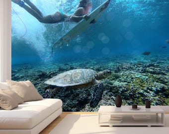 Ocean Wallpaper Peel and Stick Surfing Wall Mural Sea Turtle Underwater Wall Art Beach Wave Coastal Removable Wallpaper Non Woven Wallpaper