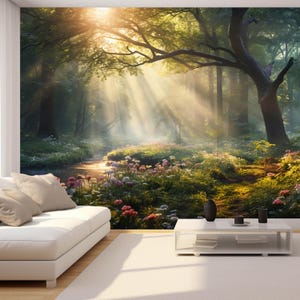 May include: A vibrant forest scene with sunlight streaming through the trees. The image features a lush green landscape with a stream, wildflowers, and a large tree. The scene is illuminated by bright sunlight, creating a sense of peace and tranquility.