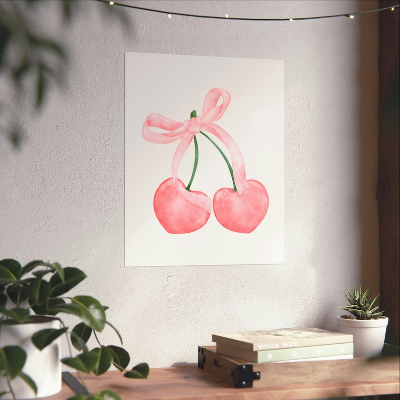 Cherry Pink Bow Poster Girly Wall Art Prints Coquette Decor (unframed ...