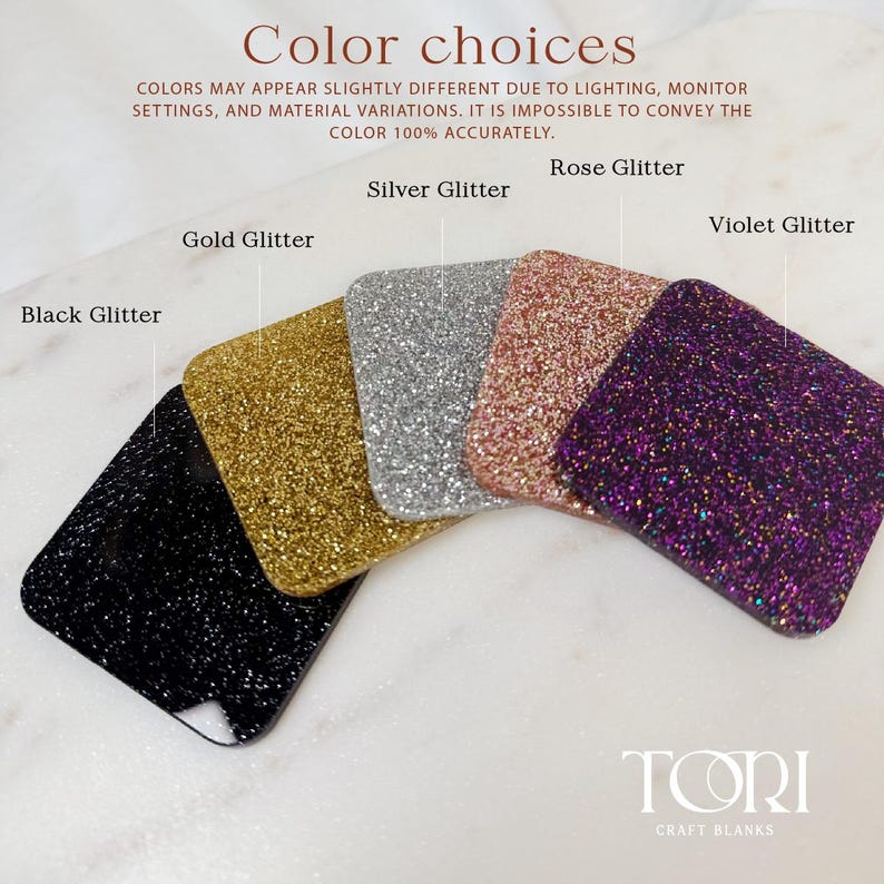 Puede incluir: Muestras de purpurina en negro, dorado, plateado, rosa y violeta. La imagen incluye el texto "Color choices" y "TORI CRAFT BLANKS".