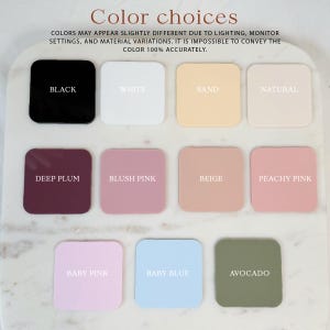 Puede incluir: Una exhibici&oacute;n de muestras de color cuadradas en varios tonos, incluyendo negro, blanco, arena, natural, ciruela oscura, rosa rubor, beige, rosa melocot&oacute;n, rosa beb&eacute;, azul beb&eacute; y aguacate. El texto "Opciones de color" est&aacute; en la parte superior, con una exenci&oacute;n de responsabilidad sobre la precisi&oacute;n del color.
