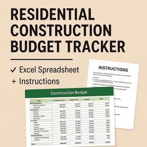 May include: A residential construction budget tracker with an Excel spreadsheet and instructions. The image shows a green and white construction budget table and a page of instructions on a beige background.