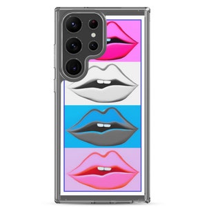 May include: A clear phone case with a design of three lips in different colors: pink, white, and blue. The lips are arranged vertically in a pop art style.