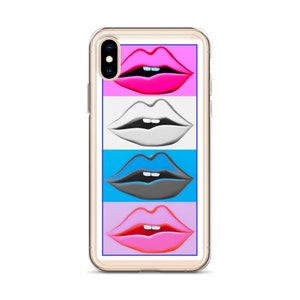 May include: A phone case with a design of four lips in different colors: pink, white, blue, and pink. The lips are arranged in a vertical stack, with the pink lips at the top and bottom.
