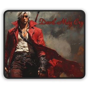 May include: A red and white mouse mat featuring a stylised image of a man in a red coat and the text "Devil May Cry".