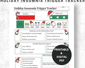 Rastreador de desencadenantes de insomnio navideño / Ansiedad del sueño navideña imprimible / Estrés nocturno, consciencia del sueño y bienestar (PDF)