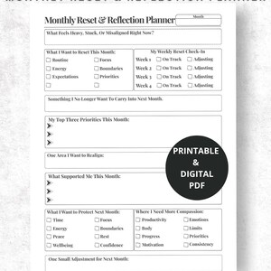 Può includere: Un pianificatore mensile PDF digitale e stampabile, con sezioni per la riflessione e la definizione degli obiettivi. Include suggerimenti per reimpostare le routine, controlli settimanali e l'identificazione delle priorità. Disponibile nei formati A4 e US Letter.