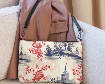 Colorful French Toile Chinoiserie Print Crossbody Bag - Elegant Patterned Shoulder Purse