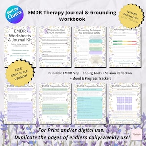 May include: A printable EMDR therapy journal and grounding workbook with a floral design. The journal kit includes worksheets, coping tools, session reflection, and mood and progress trackers. The text includes "EMDR Worksheets & Journal Kit" and "For Print and/or digital use."