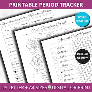 May include: Printable period tracker with sections for hormone phases, cycle symptom graph, and annual cycle tracker. Includes options for US Letter and A4 sizes, digital or print. Features a floral design and the text "Instant Download".
