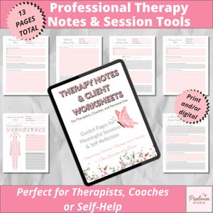 Könnte beinhalten: Ein digitales oder druckbares Set von Therapienotizen und Arbeitsblättern für Klienten. Die rosa und weißen Seiten sind für Therapeuten, Coaches und zur Selbsthilfe konzipiert. Das Set enthält insgesamt 13 Seiten.