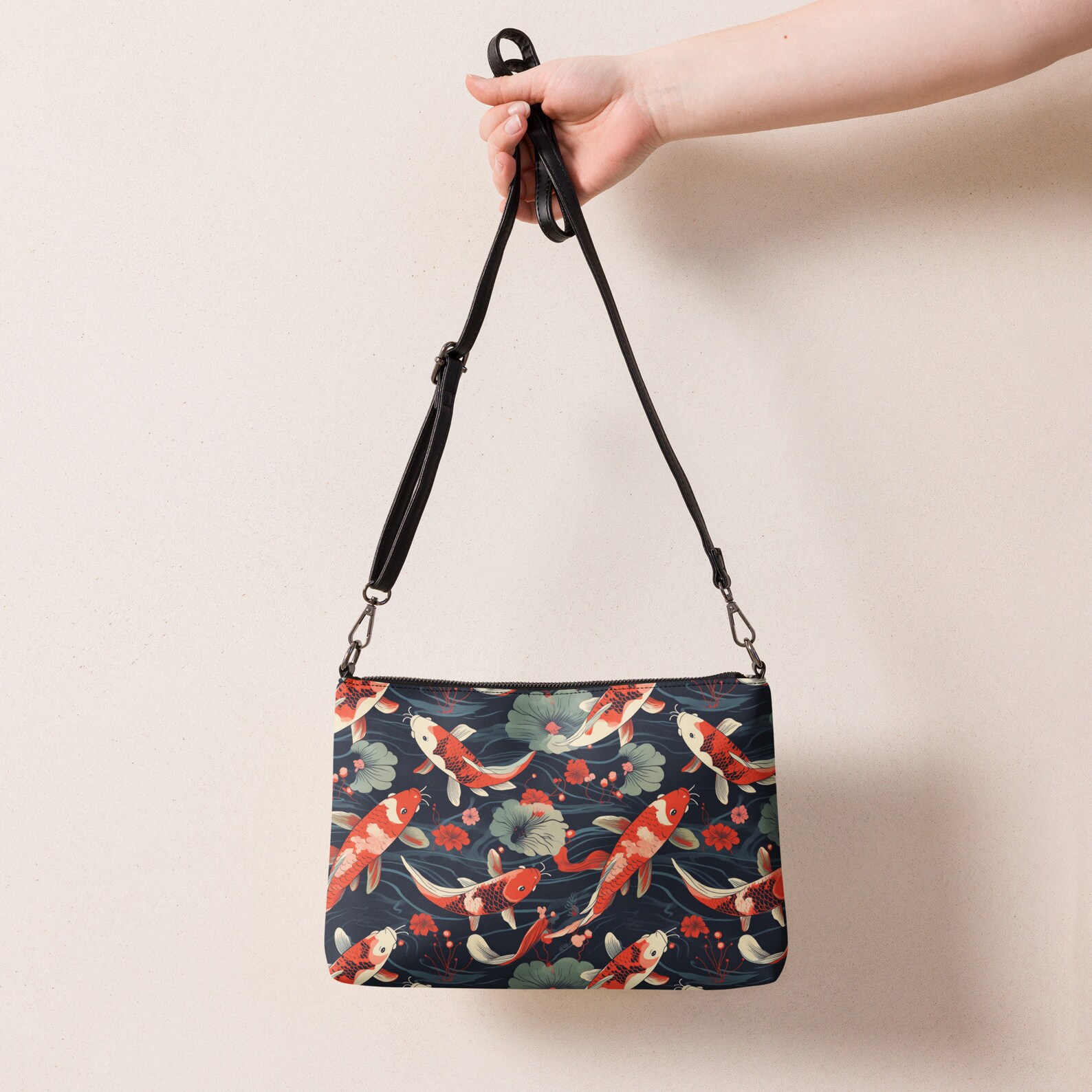 Koi Fish Lotus Pattern Print Crossbody Bags