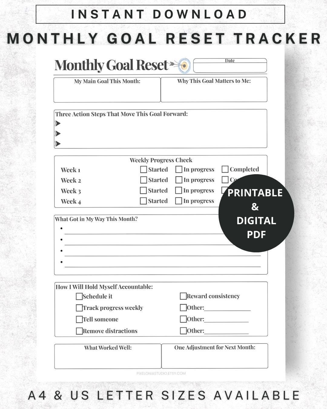 Monthly Goal Reset Printable | New Year Goal Tracker and Accountability ...