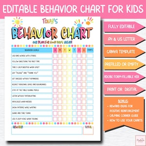 May include: Colorful behavior chart for kids with the text "Editable Behavior Chart for Kids". The chart includes sections for behavior goals, days of the week, and points. Additional features include Canva template and reward ideas.
