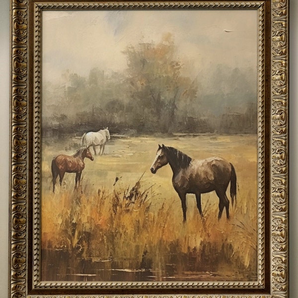 Vintage Horse Landscape Oil Painting Antique Style Home Decor Rural Scene Artwork Classic Wall Decor Nostalgia Painting