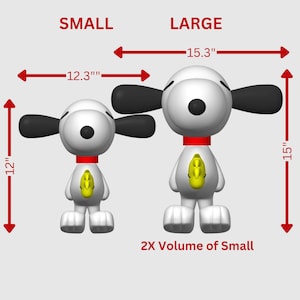 May include: Two white dog figurines with black ears, red collars, and yellow chest accents. The small figurine is 12 inches tall and 12.3 inches wide. The large figurine is 15 inches tall and 15.3 inches wide, with 2X the volume of the small one.