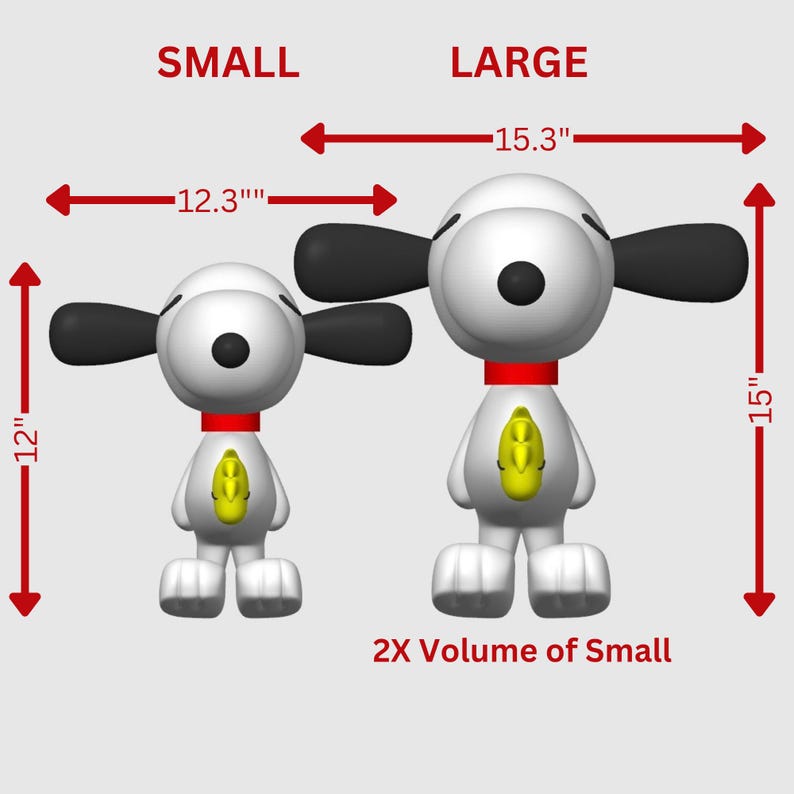 May include: Two white dog figurines with black ears, red collars, and yellow chest accents. The small figurine is 12 inches tall and 12.3 inches wide. The large figurine is 15 inches tall and 15.3 inches wide, with 2X the volume of the small one.